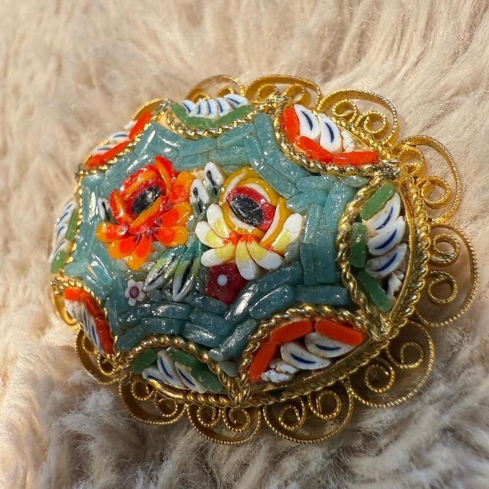 Vintage Gold Micromosaic Micro Mosaic Flower Design Brooch Pin